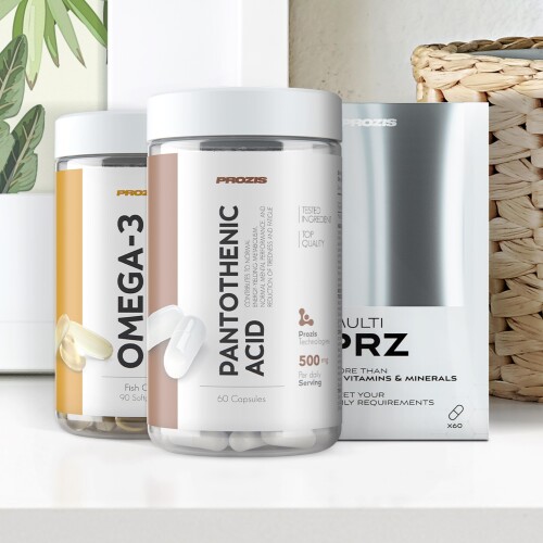 Multi PRZ 60 tabs + Omega 3 90 softgels + Pantothenic Acid Vitamin B5 500 mg 60 caps