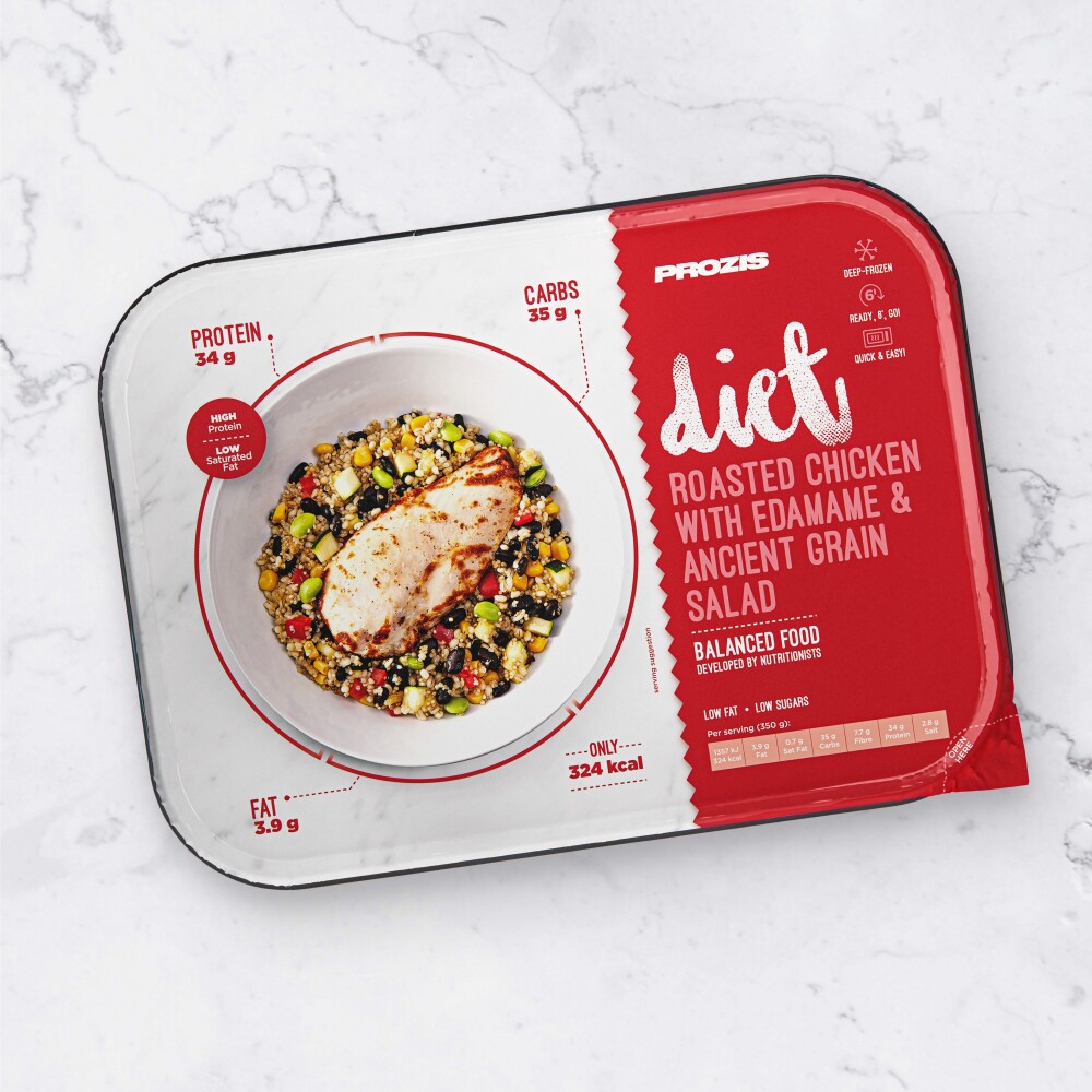 Pollo asado con edamame y cereales dietético