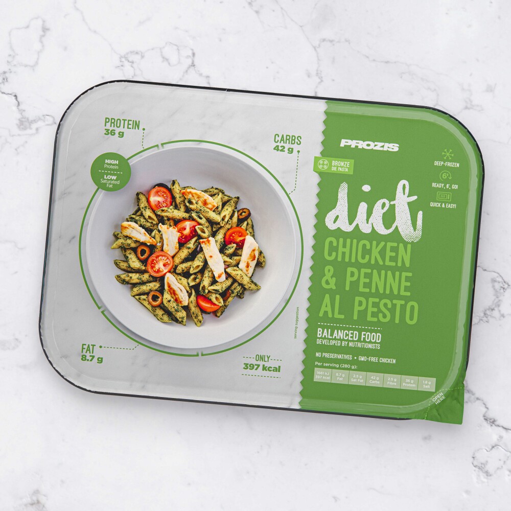 Diät-Hähnchen und Penne al Pesto